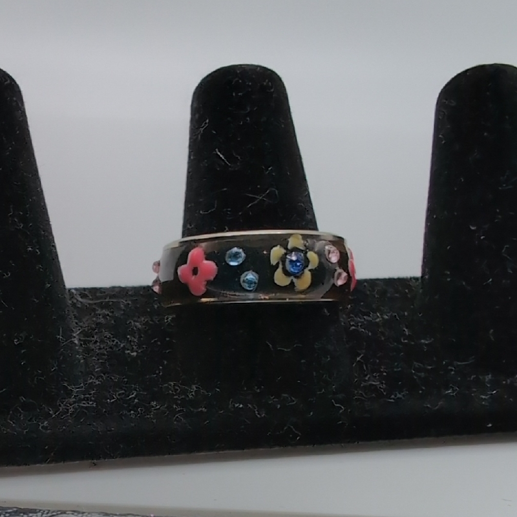 Floral Black Ring With Pink And Blue Accents